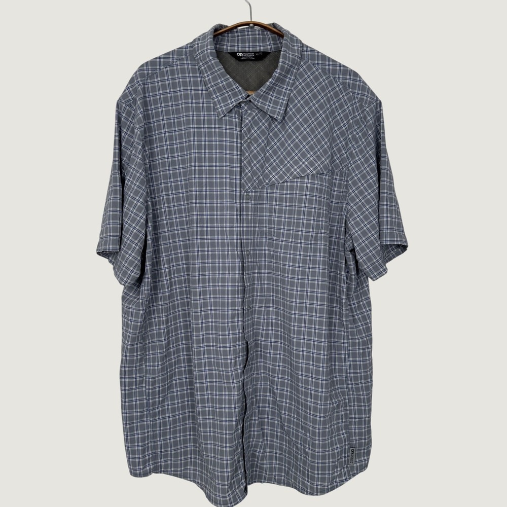 Outdoor Research Astroman Short Sleeve Sun Shirt Mens XL Grey Blue Plaid 282278
